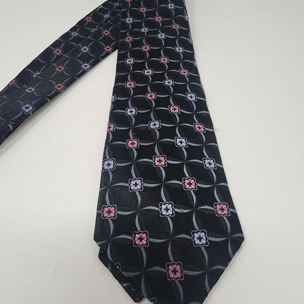John W. Nordstrom Tie Mens One Size Black Silk Geometric Floral Made In USA
